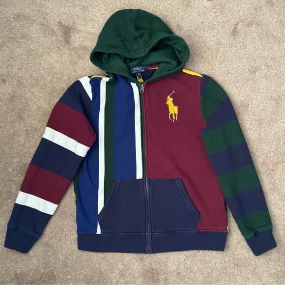 POLO RALPH LAUREN • Big Pony Patchwork Fleece Logo Hoodie Sweatshirt - Picture 5 of 6